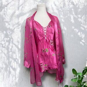 Vintage Pink Rose Slip Dress satin Robe Set Fairycore Lingerie Dream M